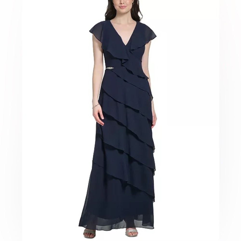 $190 Jessica Howard Women's Ruffled Rhinestone-Embellished Gown in navy blue 12
